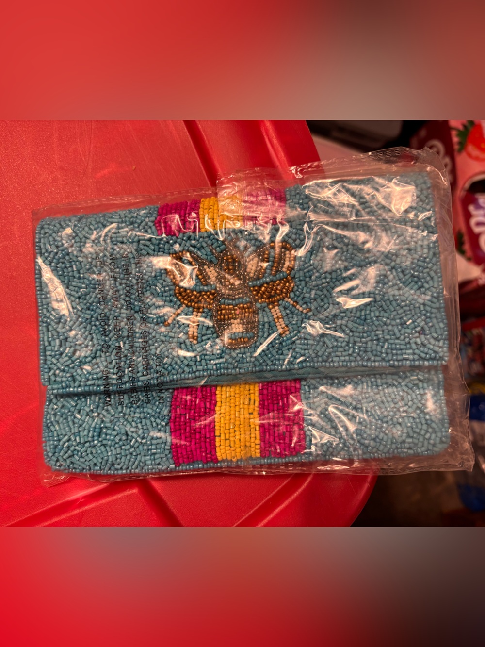 Hand-Beaded Blue Floral Wallet with Pink and Yellow Accents